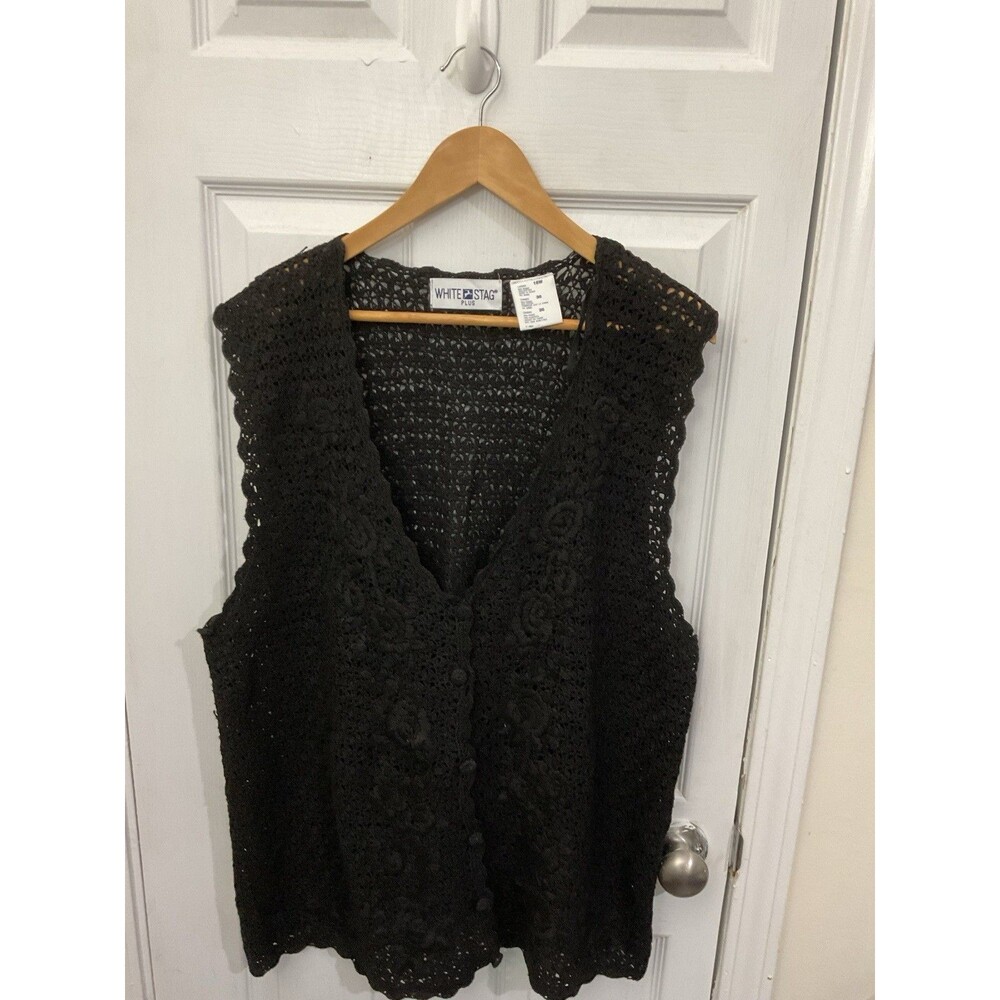 Vintage Crochet Vest Black Floral Details Size 16W. Boho Whimsy Fairy Grannycore